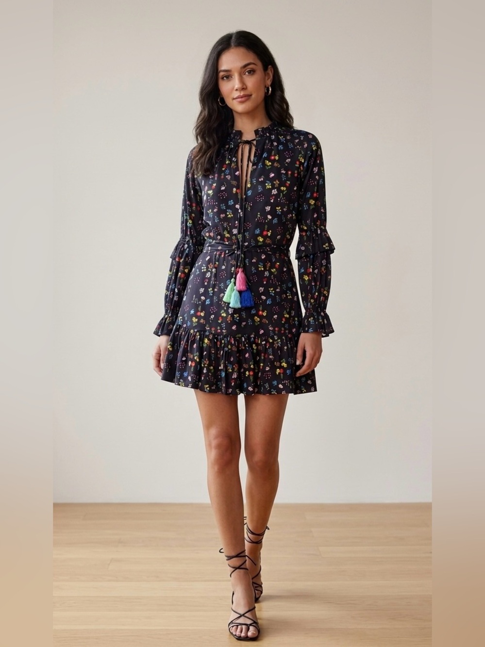 Cynthia Rowley Black Mini Dress with Multicolor Floral Print & Tassels size XS